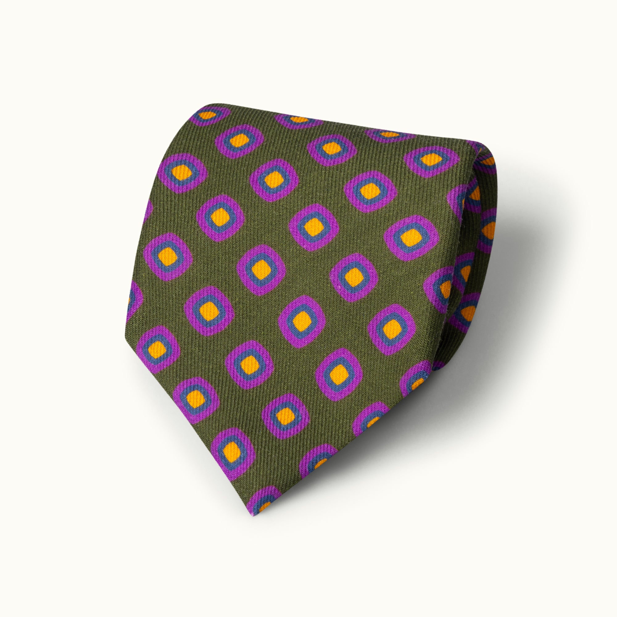 Olive & Purple Geometric Squares Wool Challis Tie