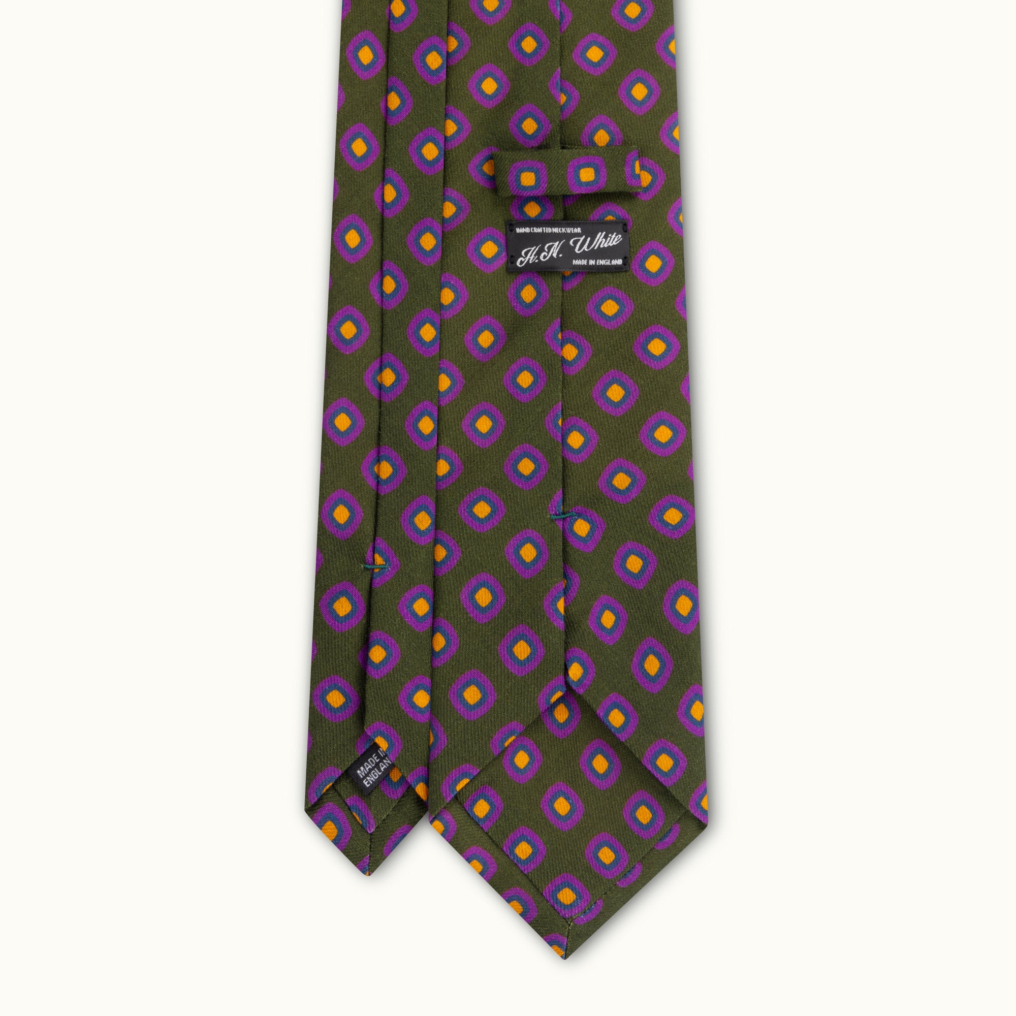 Olive & Purple Geometric Squares Wool Challis Tie