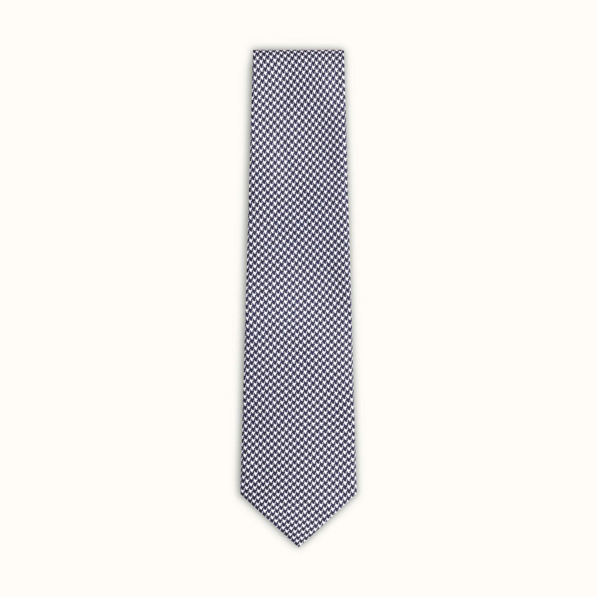 Navy Blue & Silver Houndstooth Printed Silk Tie